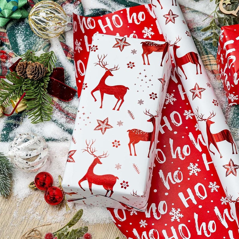 Retrify Christmas Wrapping Paper Roll - 17 Inches x 32.8 Feet - Metallic Red Reindeer HO Lettering Mini Roll Gift Wrap Paper for Winter Holiday Festive Party Celebrations - Image 5